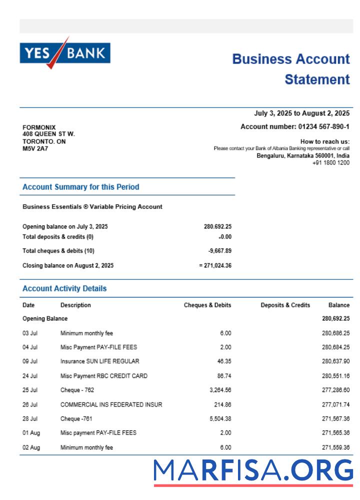Printable Yes Bank company checking account statement Word and PDF template